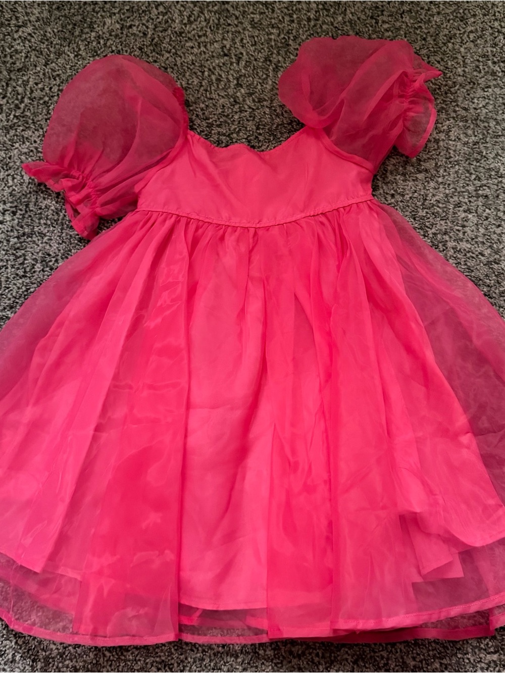 SHEIN Hot Pink Puff Sleeve Tulle Party Dress for Girls